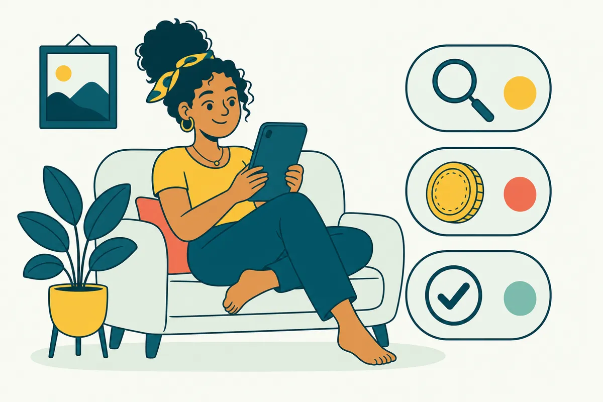 Ilustração: mulher no sofá fazendo um pedido no celular em três etapas